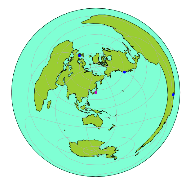 Python 正距方位図法で世界全図いろいろ描画 ふシゼン