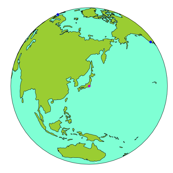 Python 正距方位図法で世界全図いろいろ描画 ふシゼン